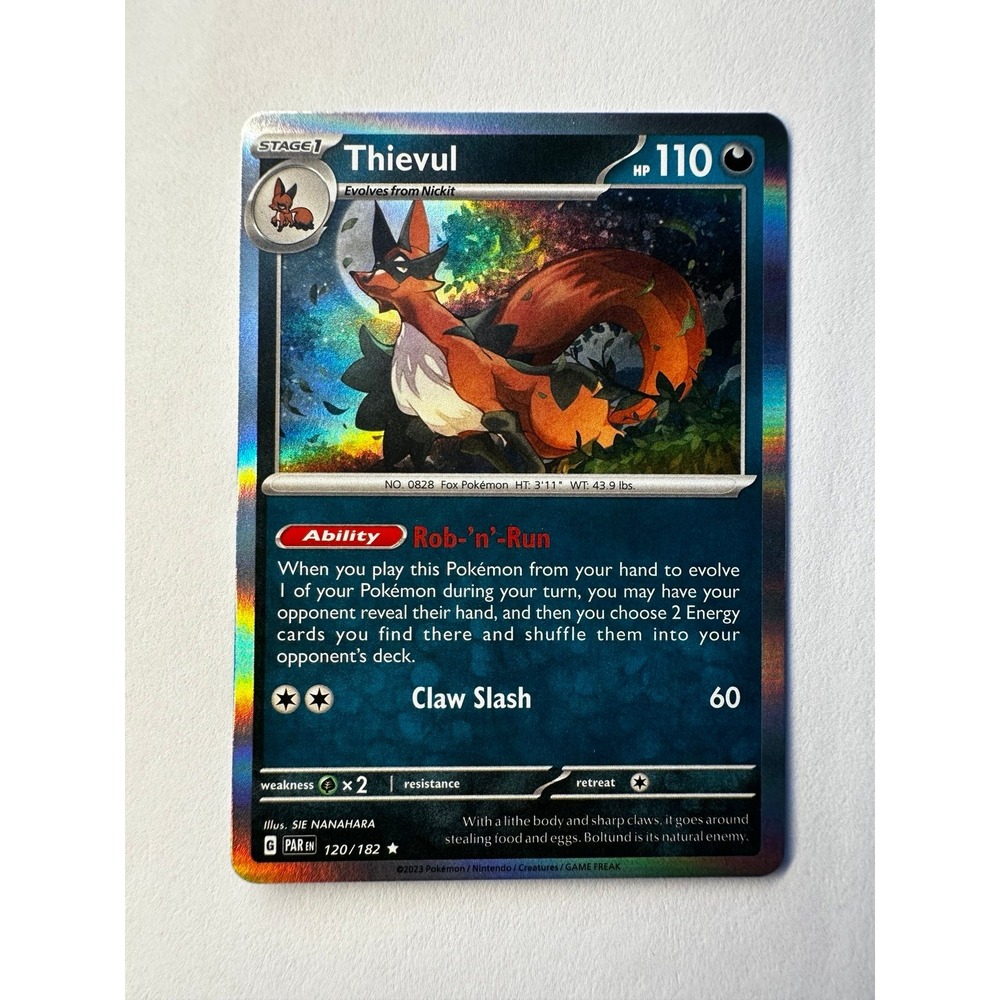 Pokémon Thievul 120/182 SV04: Paradox Rift Rare Holo Stage 1 110 HP Card